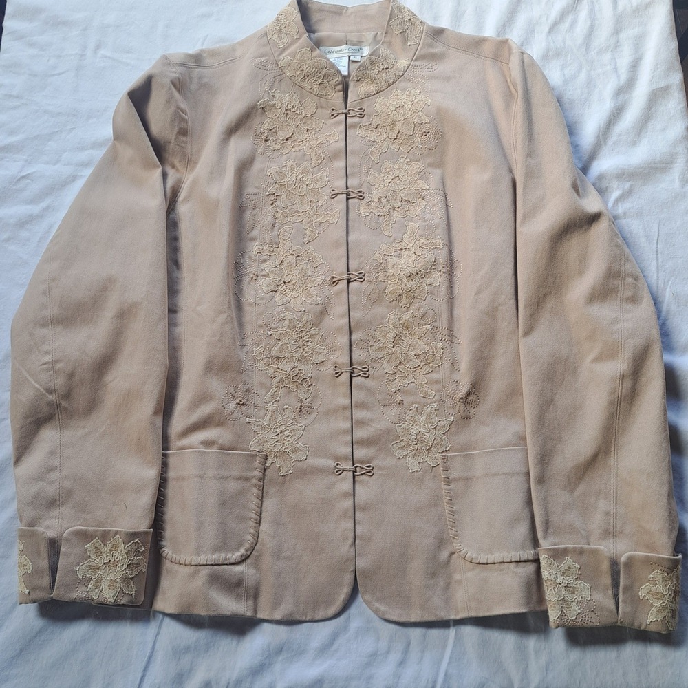 Coldwater Creek Tan Lace Applique Mandarin Collar Frog Closure Jacket Womens XL